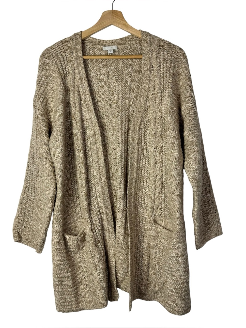 J Jill Petite Cream Beige Cable Knit Chunky Knit Tunic Length Cardigan Sweater S